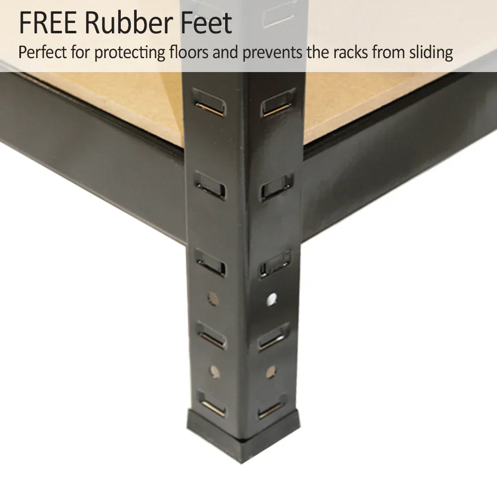 Black metal racking unit featuring a sturdy frame with rubber feet for stability, designed to prevent sliding on floors