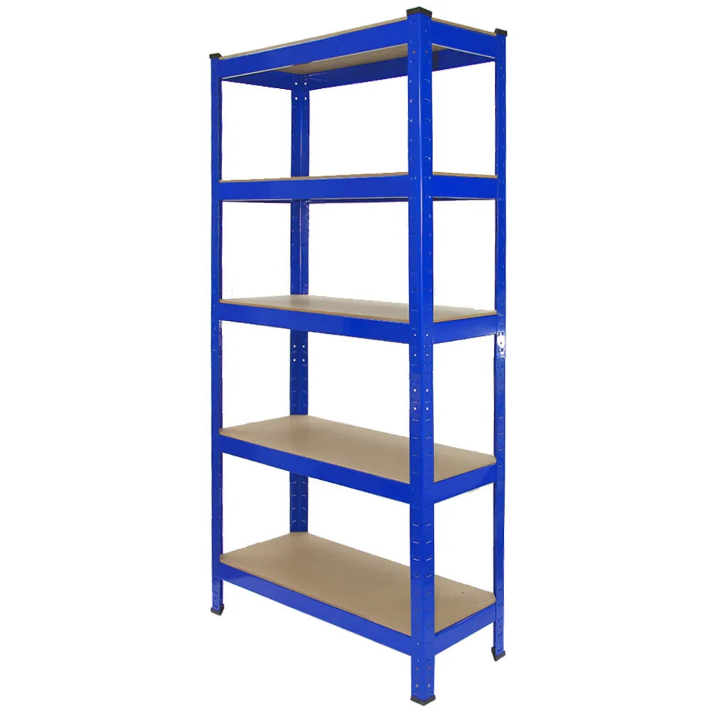 Boltless 5-tier garage shelving unit in vibrant blue, featuring sturdy metal frame and smooth, durable shelves for efficient organization