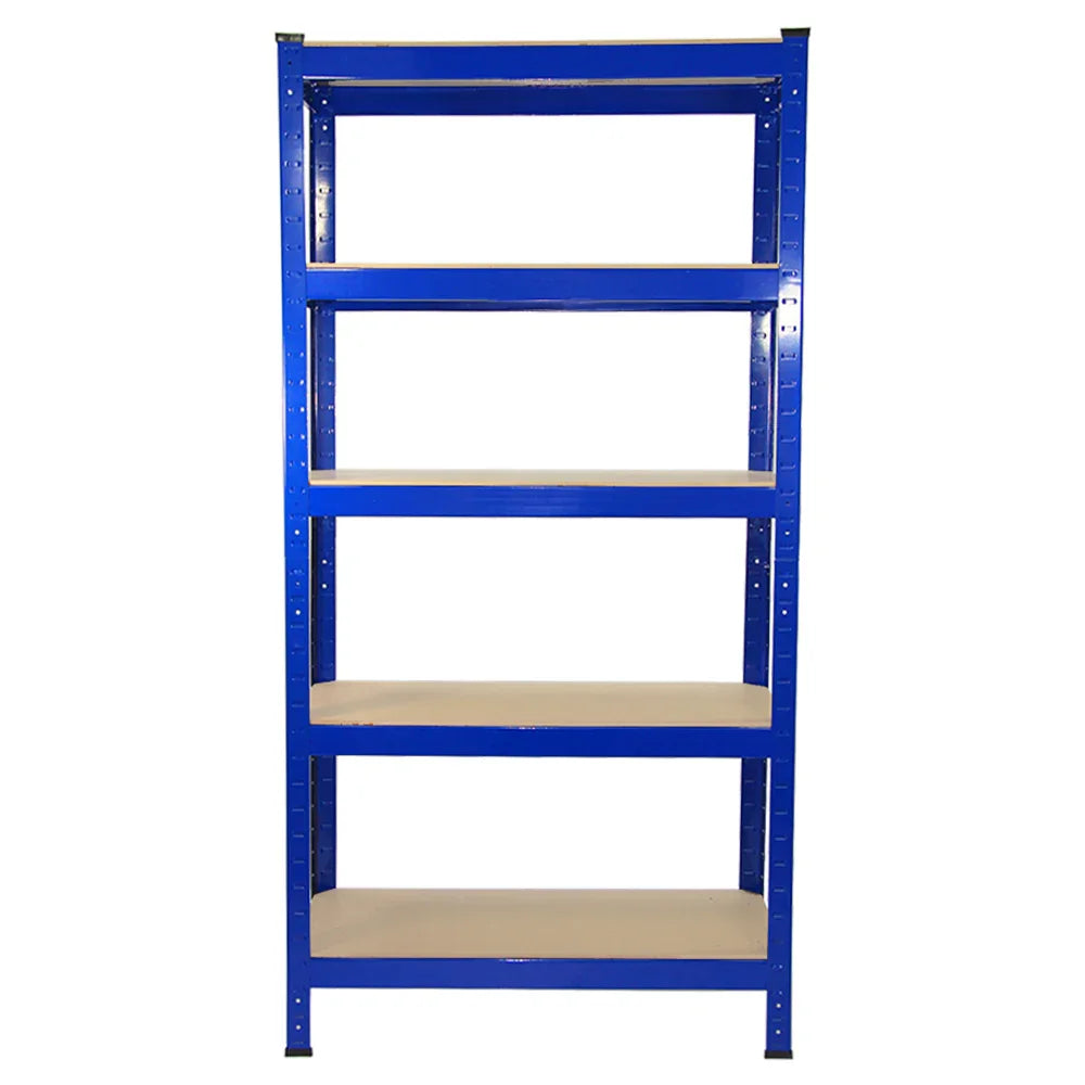 Heavy-duty blue steel garage shelving unit with five tiers, featuring sturdy shelves and a sleek, industrial design for storage solutions