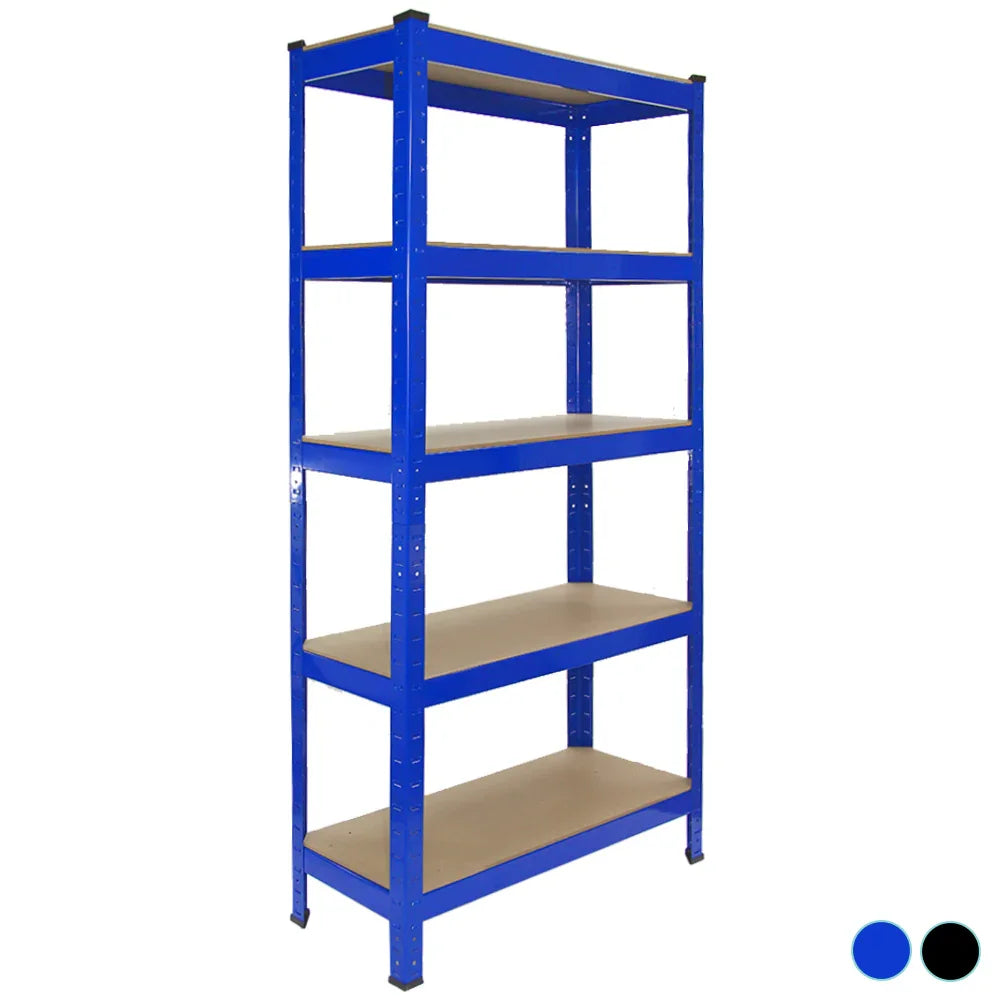 Boltless 5-tier garage shelving unit in vibrant blue with sturdy metal frame and smooth beige shelves, ideal for organizing tools and supplies