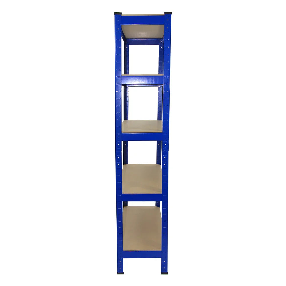 Heavy-duty blue shelving unit with four sturdy shelves, each 75cm wide and 30cm deep, designed for optimal storage and organization