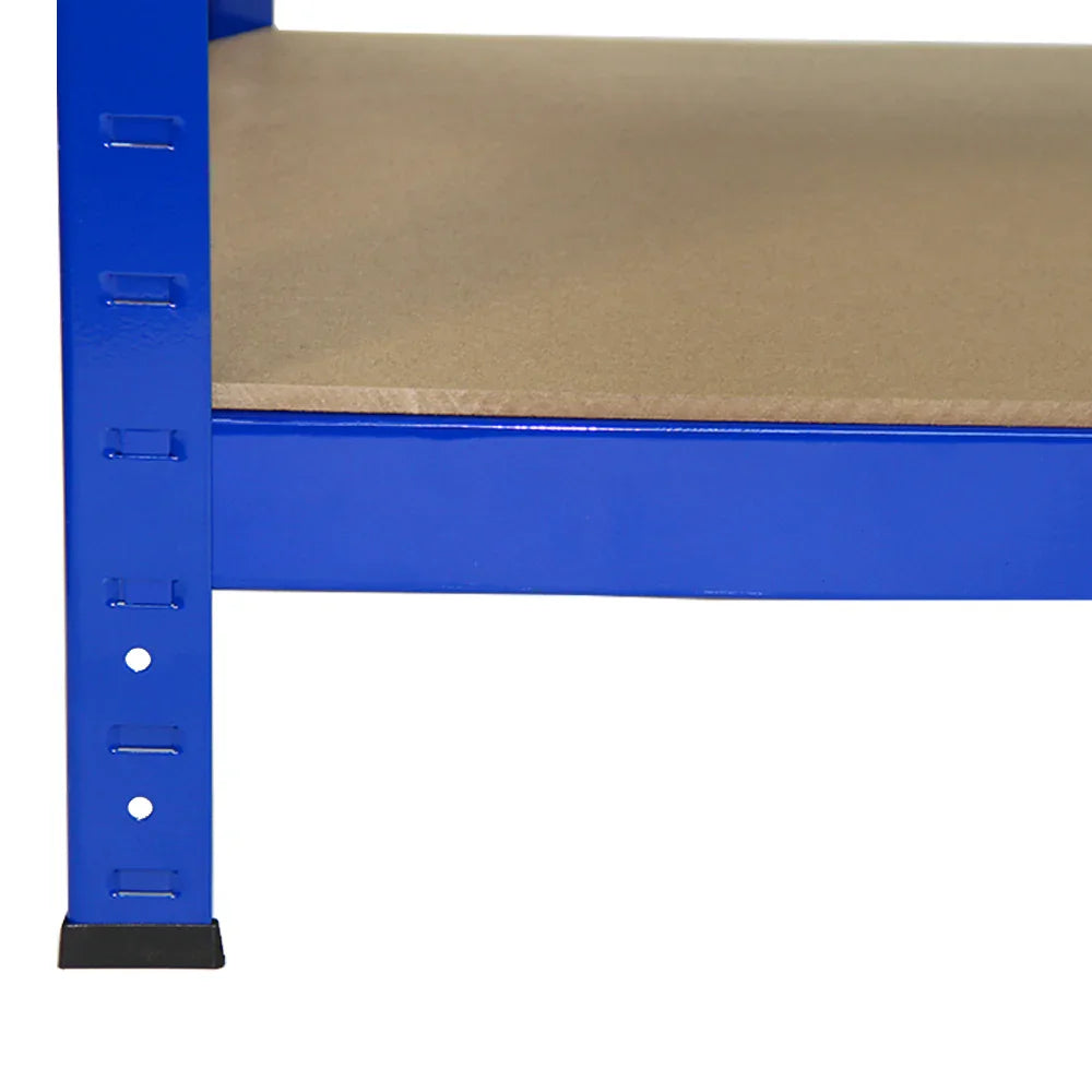 Blue metal frame of a boltless 5-tier garage shelving unit with a smooth wooden shelf, designed for efficient storage and organization