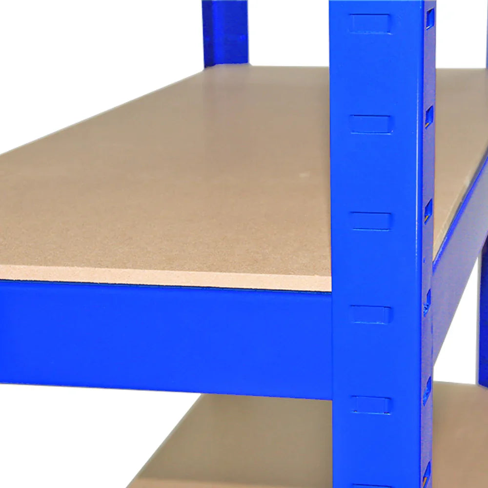 Heavy-duty blue shelving unit with sturdy particle board shelves, featuring a sleek design and durable construction, ideal for storage