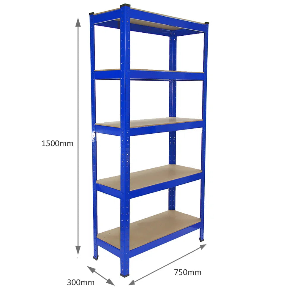 Heavy-duty blue steel racking storage shelving unit, 5 tiers, 75cm wide, 150cm tall, ideal for garage or warehouse organization