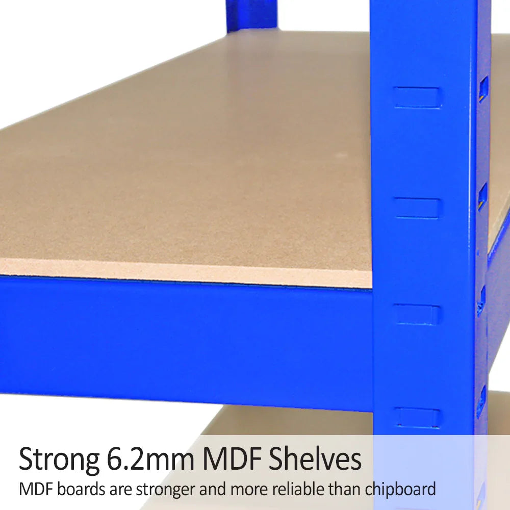 Heavy-duty blue steel shelving unit with strong 6.2mm MDF shelves, designed for garage or warehouse storage, showcasing durability and stability