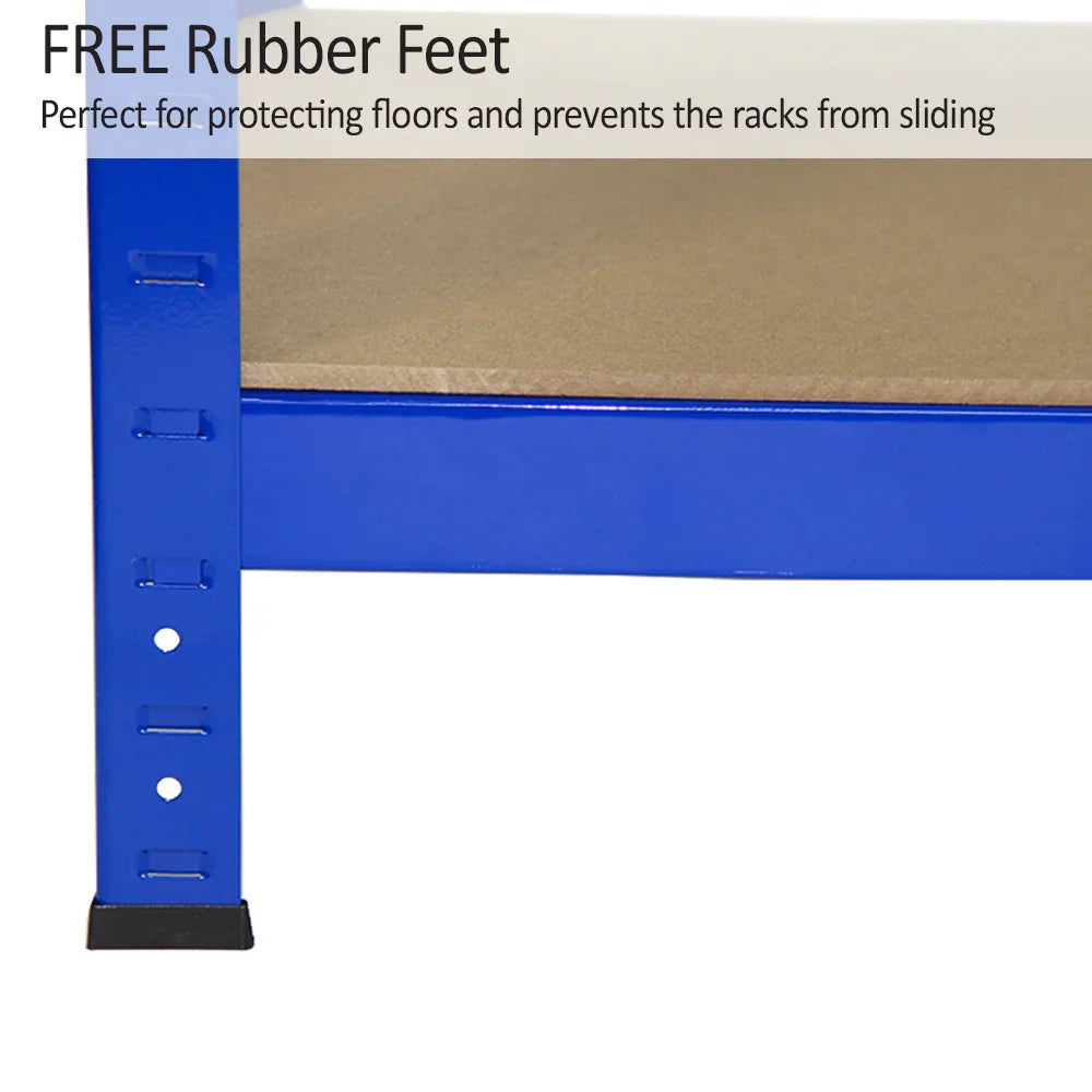 Heavy-duty blue shelving unit with rubber feet for stability, showcasing a sturdy design and smooth surface for storage solutions