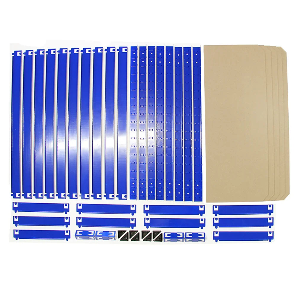Blue metal shelves and supports for a boltless 5-tier garage racking system, designed for efficient space-saving organization