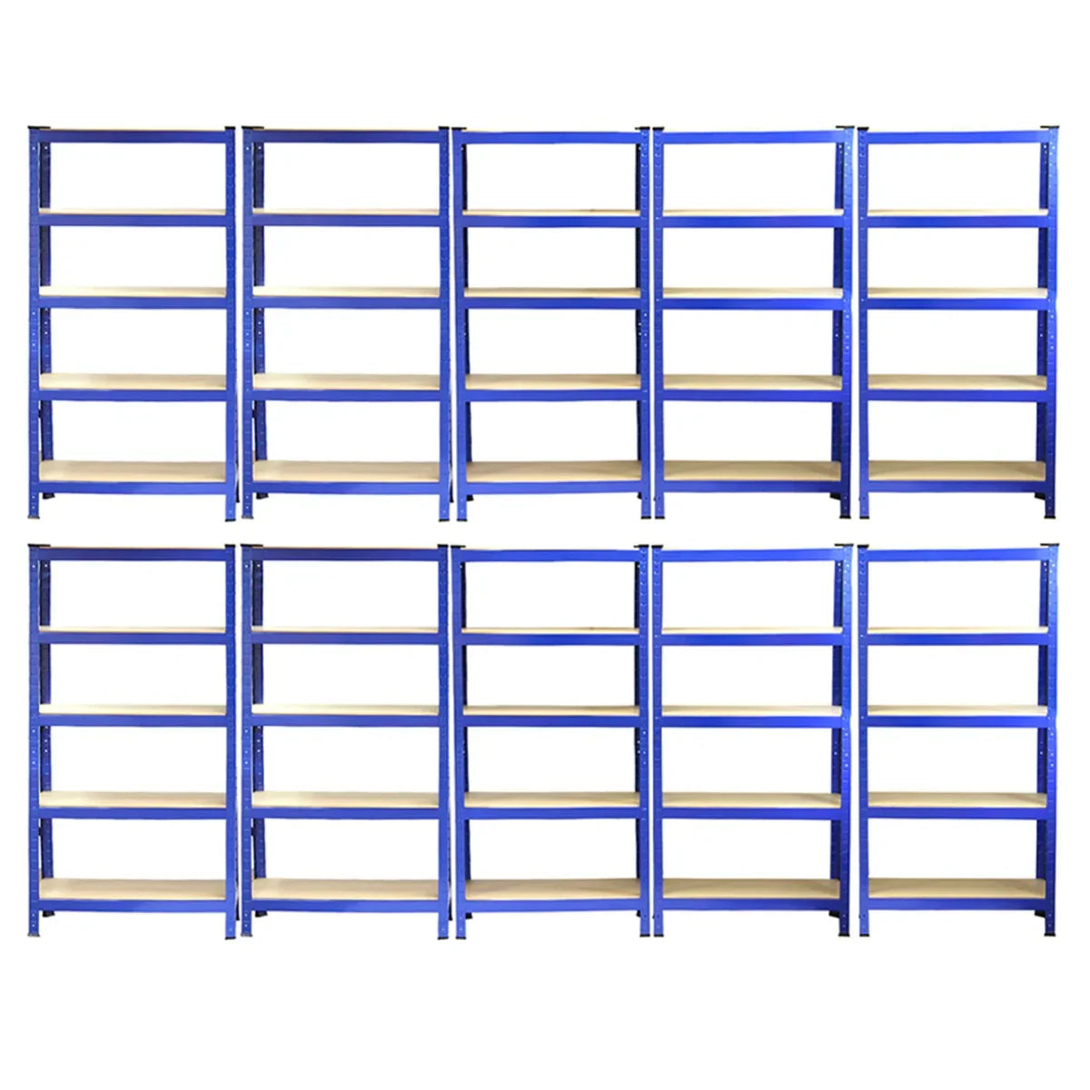 Heavy duty blue shelving units, 75cm wide and 30cm deep, featuring sturdy metal frames and multiple shelves, set of 10