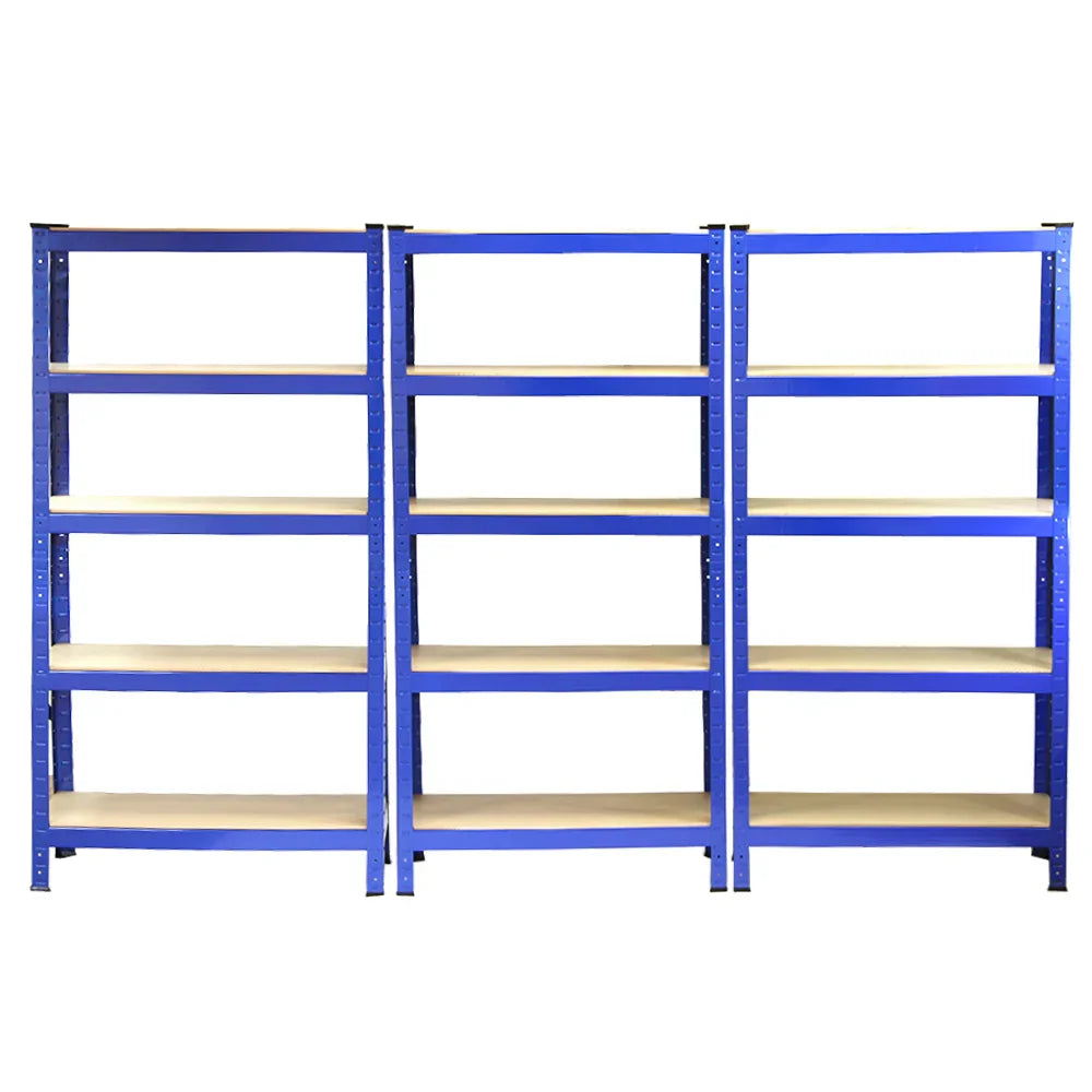 Heavy-duty blue shelving units, set of three, featuring sturdy metal frames and wooden shelves, ideal for storage and organization
