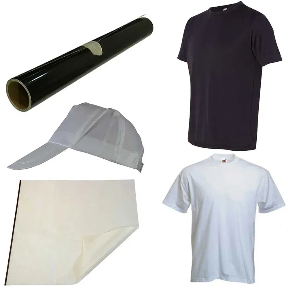 PixMax PRESStige Bundle featuring black heat transfer vinyl roll, white and black t-shirts, and a white cap, ideal for custom apparel projects