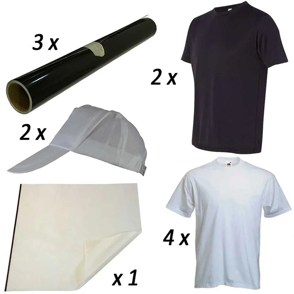 PixMax PRESStige Bundle featuring black and white t-shirts, a white cap, and heat transfer vinyl rolls for custom designs