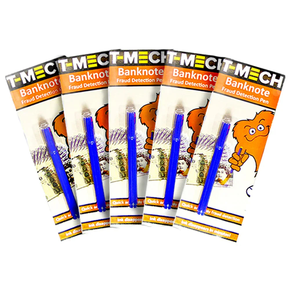 Five blue counterfeit money detector pens packaged in colorful boxes, featuring cartoon characters and clear fraud detection instructions