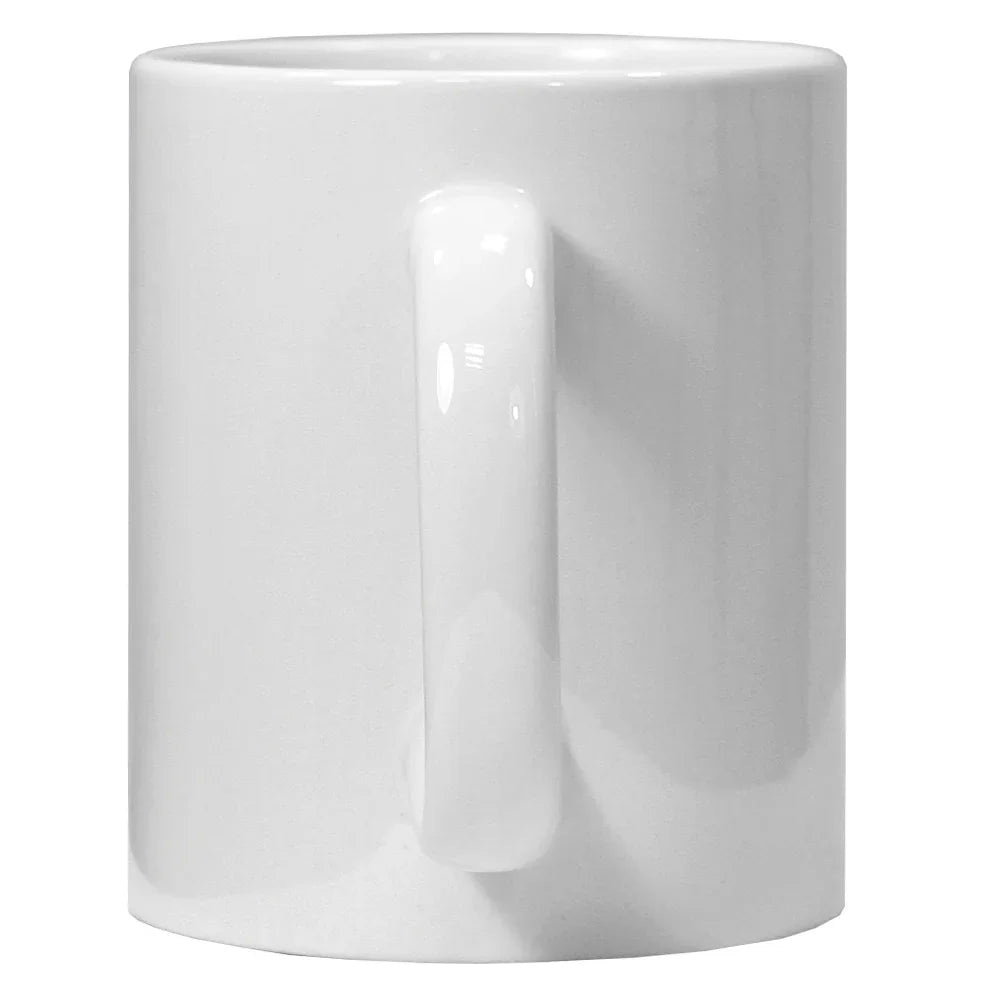 Glossy white ceramic mug with a smooth polymer coating and a sturdy handle.