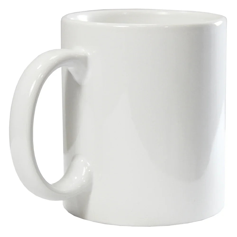 Glossy white ceramic mug with large curved handle on plain white background.