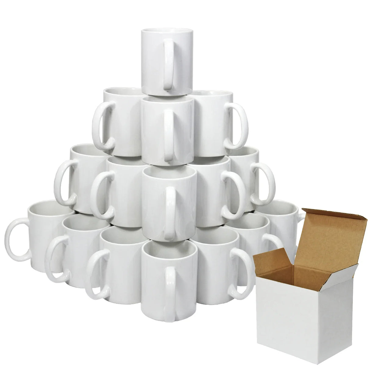 Stack of 36 white polymer-coated AAA mugs arranged in a pyramid with one open white box next to them.