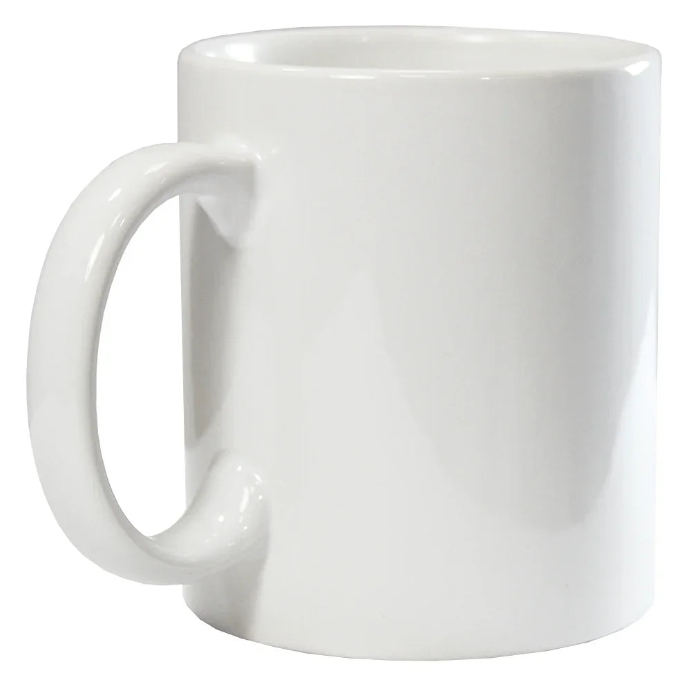 Simple white ceramic coffee mug with large curved handle, 11oz capacity.