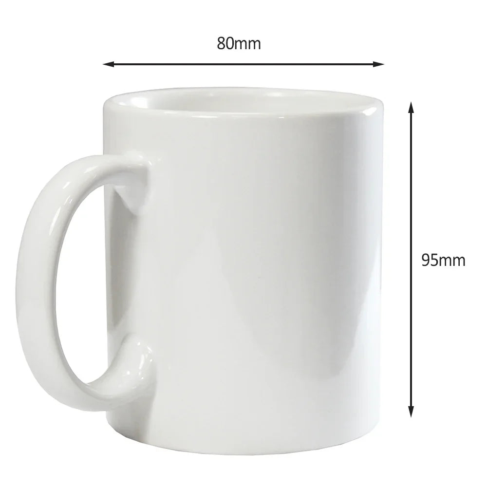 Plain white ceramic coffee mug with C-shaped handle, 80mm wide and 95mm tall.