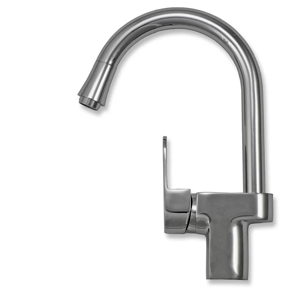 Premium stainless steel kitchen sink with a sleek, high-arc confetti tap featuring a polished chrome finish and modern design