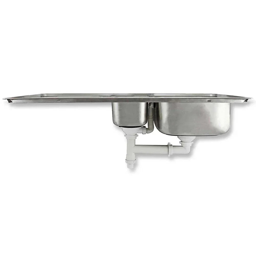 Premium stainless steel kitchen sink with a sleek, polished finish, featuring dual basins and modern plumbing underneath