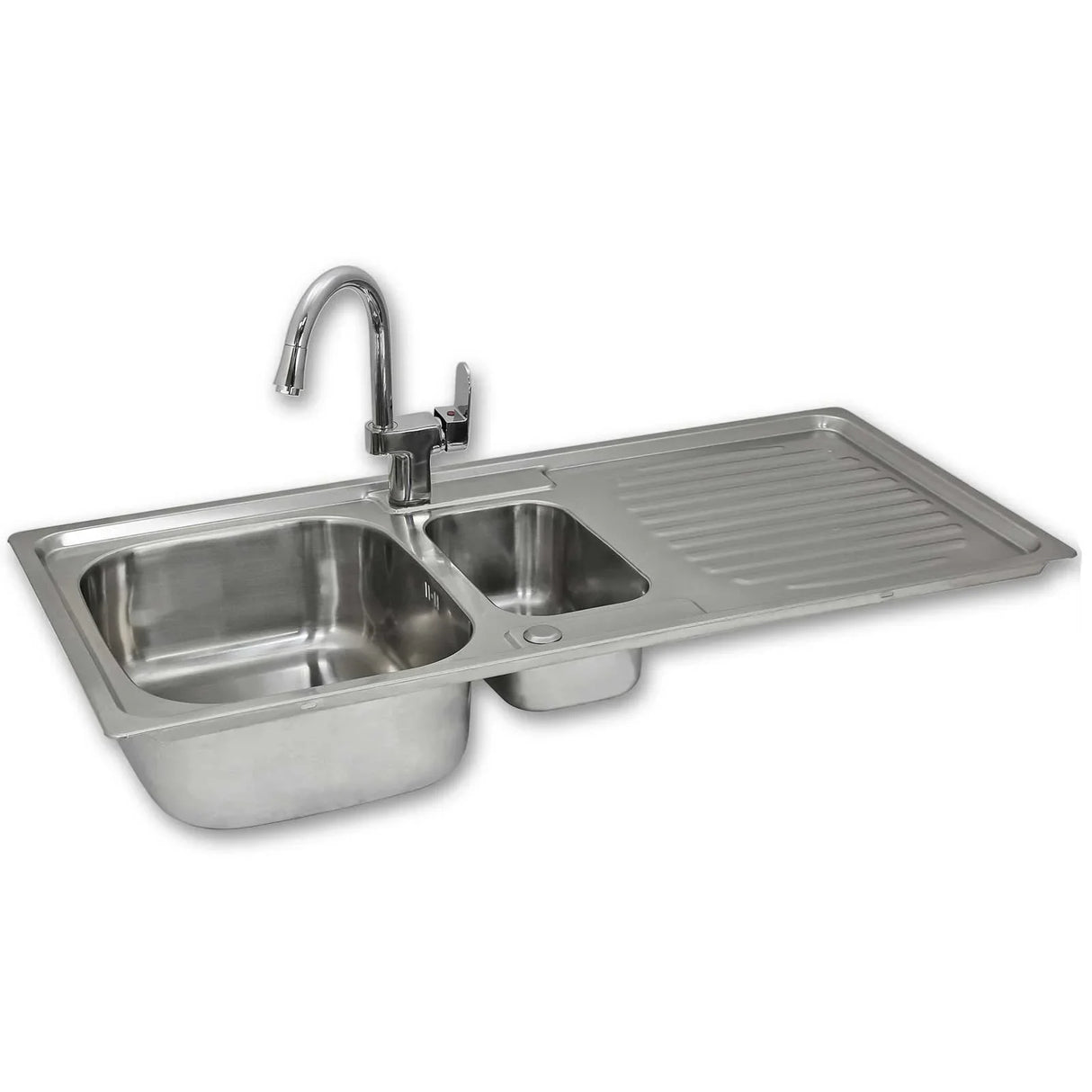 Premium stainless steel kitchen sink with a sleek design, featuring a confetti tap, dual bowls, and a textured draining board