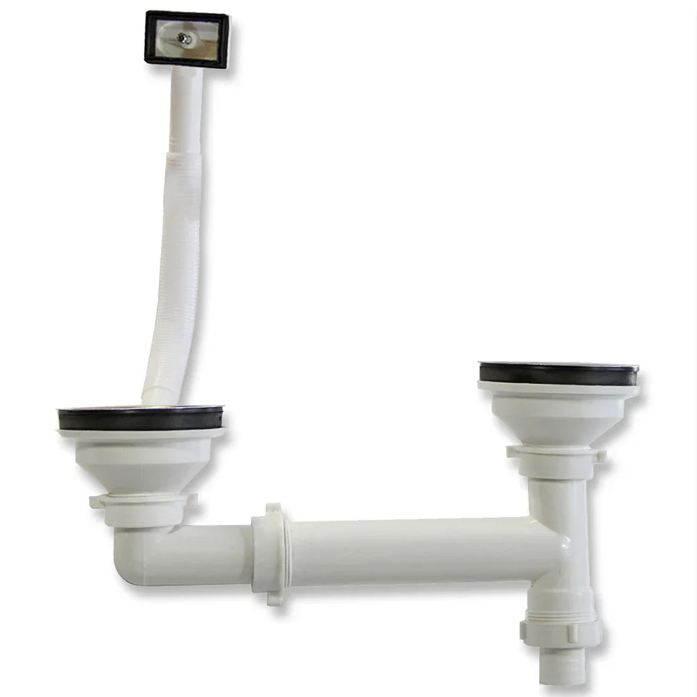Premium stainless steel kitchen sink drain assembly with dual outlets, featuring durable white plastic pipes and rubber seals