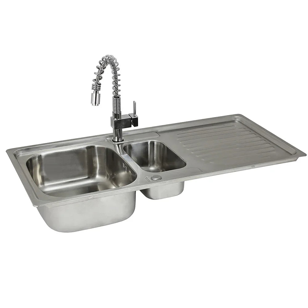 Kukoo steel sink with dual basins, sleek stainless steel finish, and a colorful rainbow tap featuring a flexible spout
