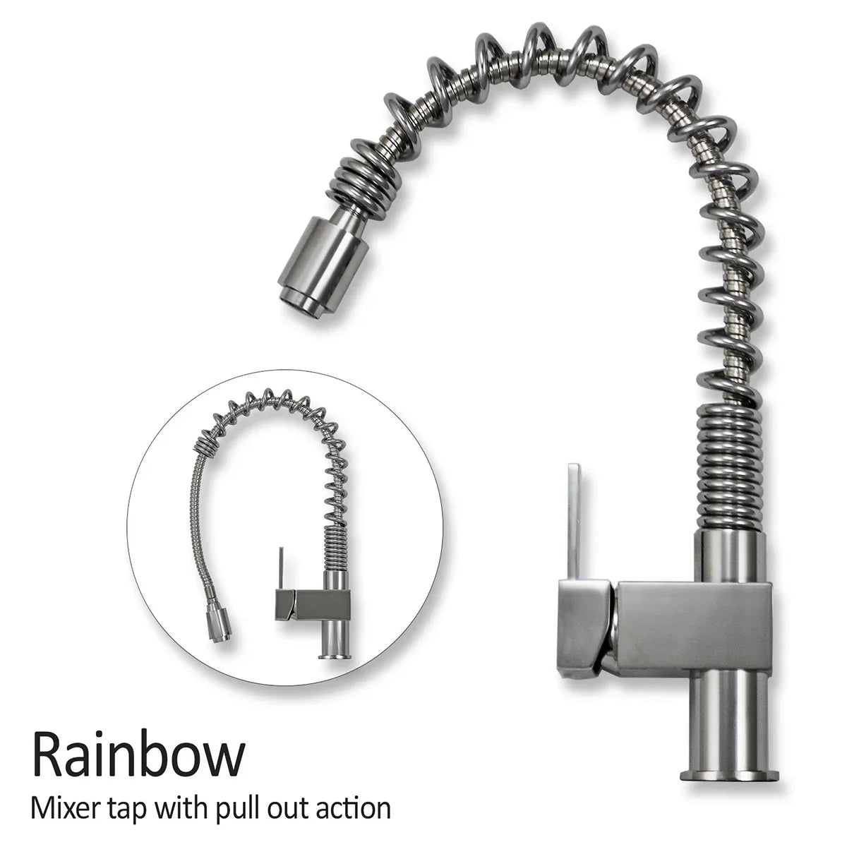 Kukoo steel sink mixer tap with a sleek, spiral design, featuring a pull-out spout for versatile kitchen use and modern aesthetics