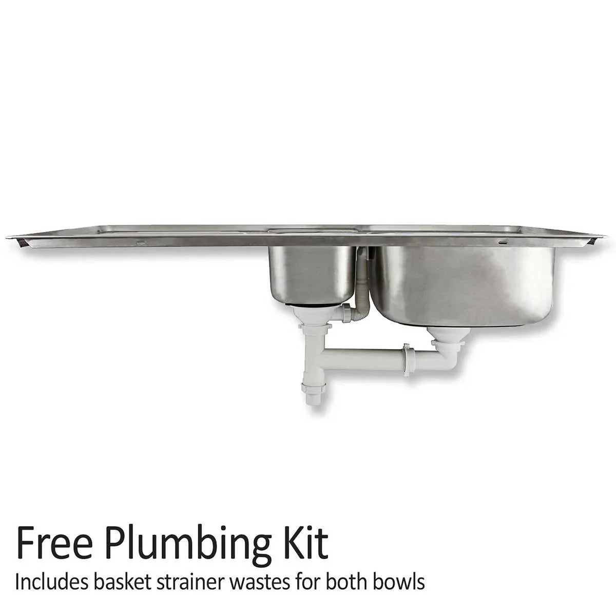 Kukoo steel sink with dual bowls, featuring a free plumbing kit and basket strainer wastes, ideal for kitchen installations