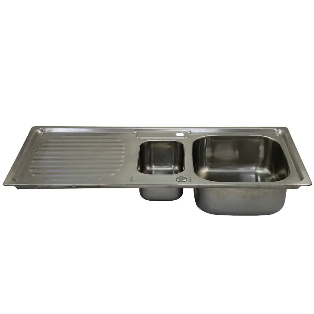Premium stainless steel kitchen sink with a sleek design, featuring a large basin, a smaller side bowl, and a textured draining area