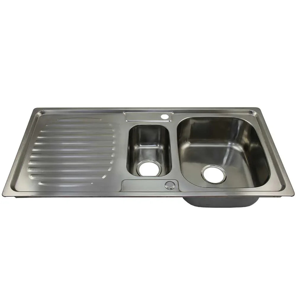 Premium stainless steel kitchen sink featuring a sleek design, dual basins, and a textured draining board for efficient water flow