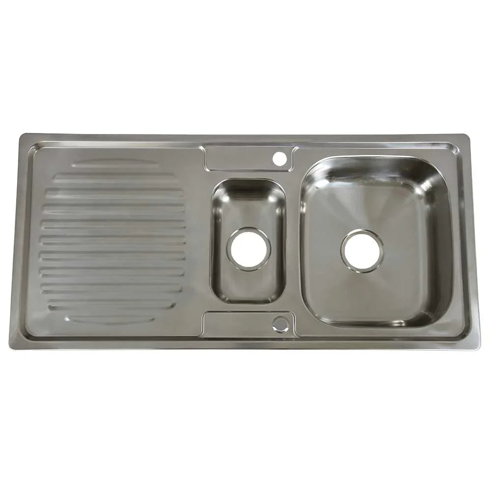 Premium stainless steel kitchen sink with a sleek, polished finish, featuring a large basin, a smaller prep sink, and a textured drainboard