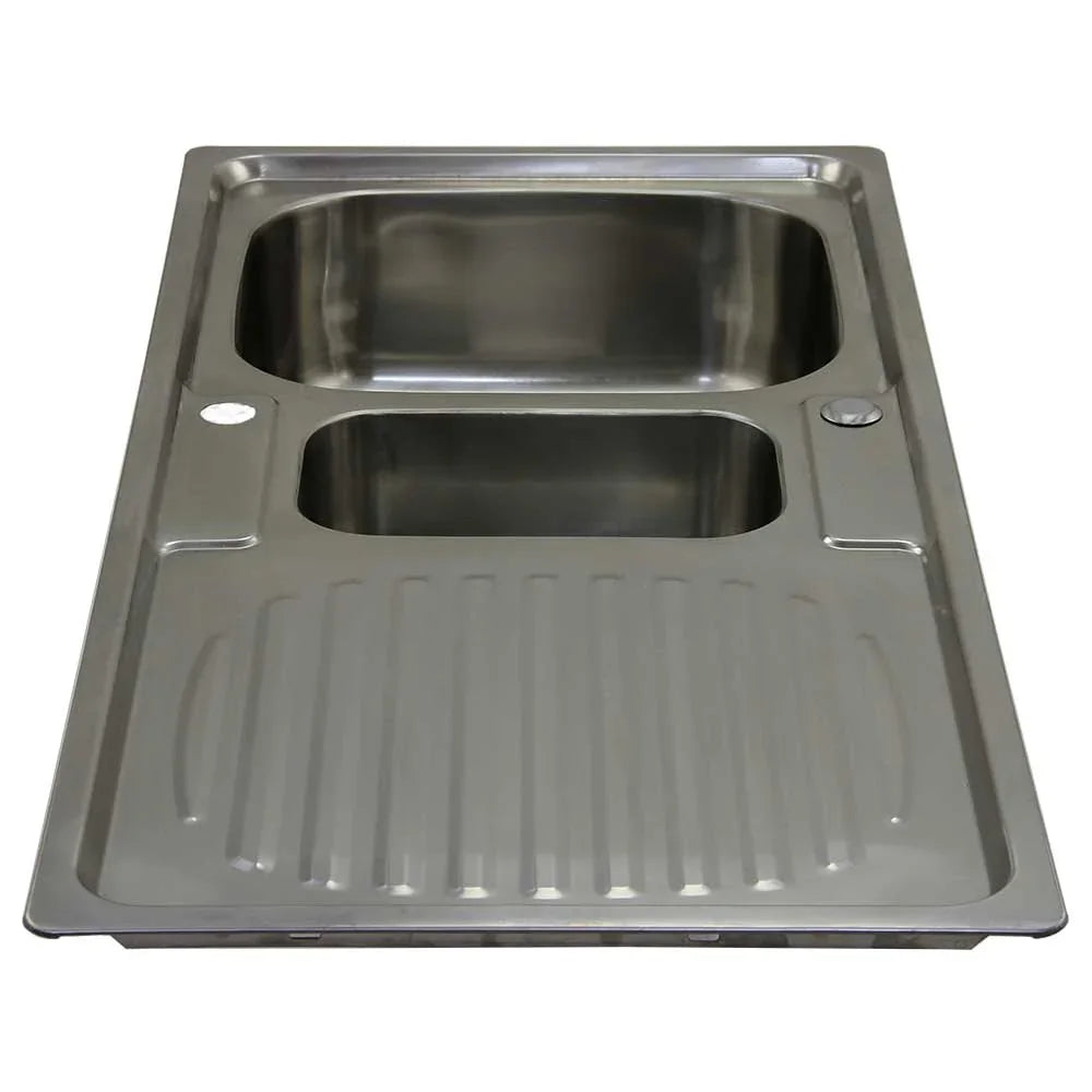 Premium stainless steel kitchen sink featuring a double bowl design, brushed finish, and integrated drainboard for easy cleaning