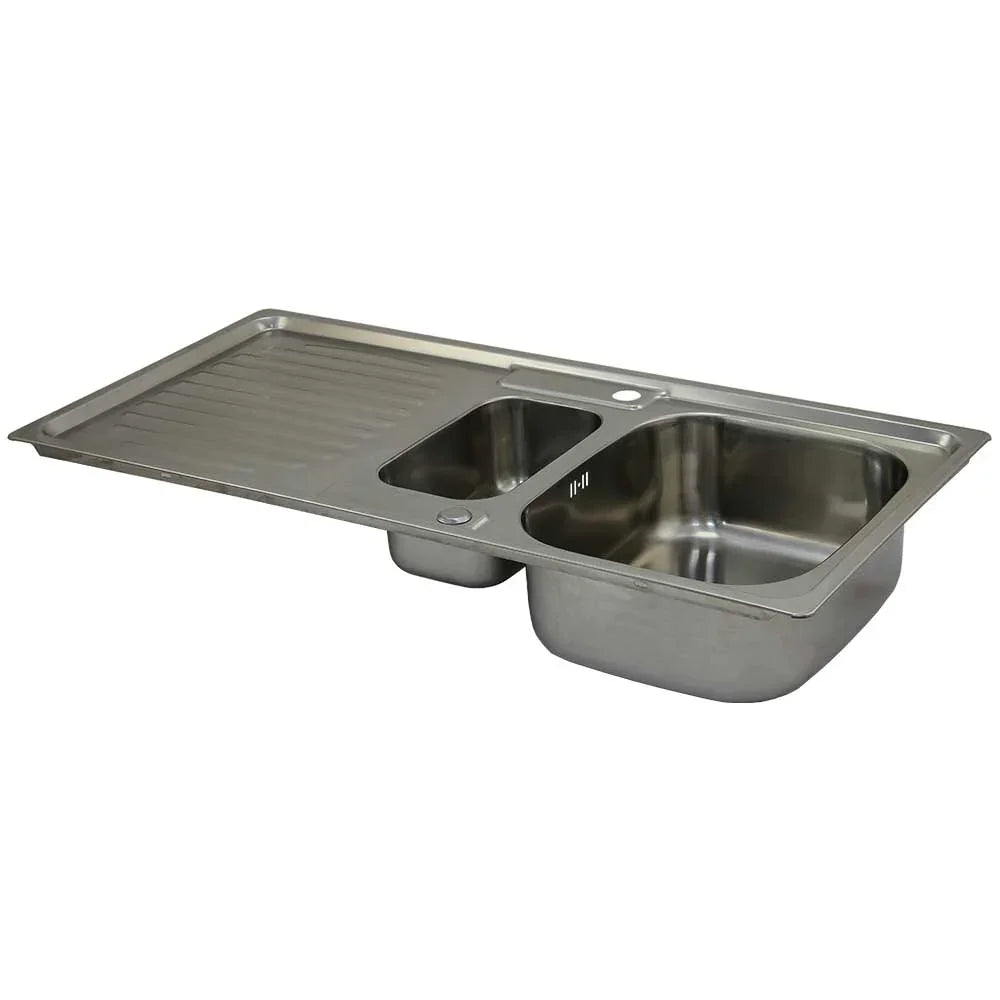 Premium stainless steel kitchen sink with a sleek, polished finish, featuring two deep basins and a convenient drainboard design