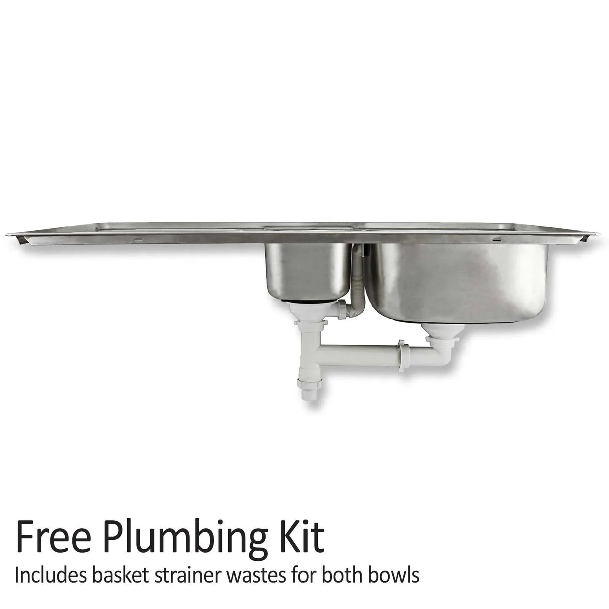 Premium stainless steel kitchen sink with dual bowls, featuring a sleek design and a free plumbing kit with basket strainers included
