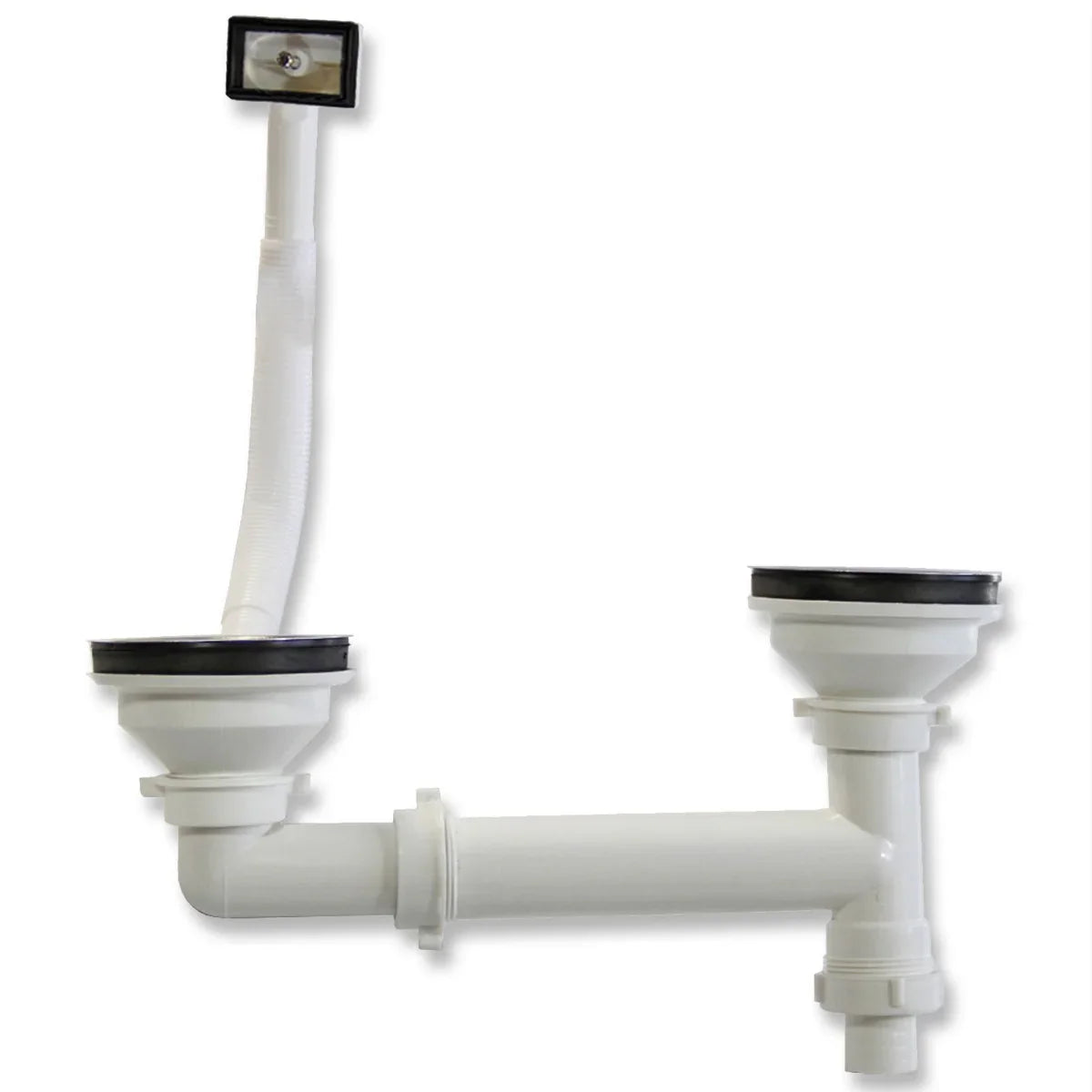 Premium stainless steel kitchen sink drain assembly with dual outlets, featuring durable plastic pipes and rubber seals for leak prevention