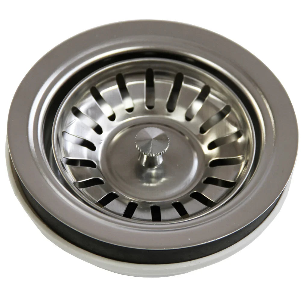 Premium stainless steel kitchen sink drain with a polished finish, featuring a central knob and slotted design for efficient drainage