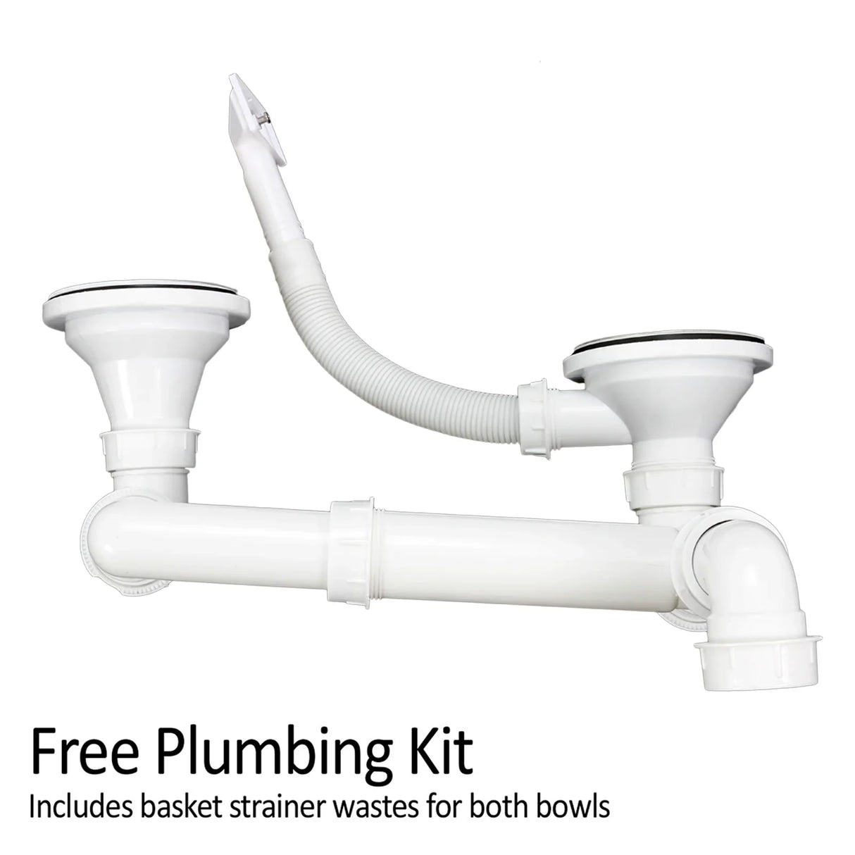 Kukoo steel sink with a rainbow tap, featuring a white plumbing kit and basket strainer wastes for dual bowls, sleek design