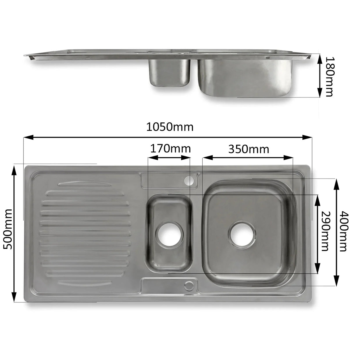 Premium stainless steel kitchen sink with dual basins, brushed finish, and dimensions labeled for easy installation and use