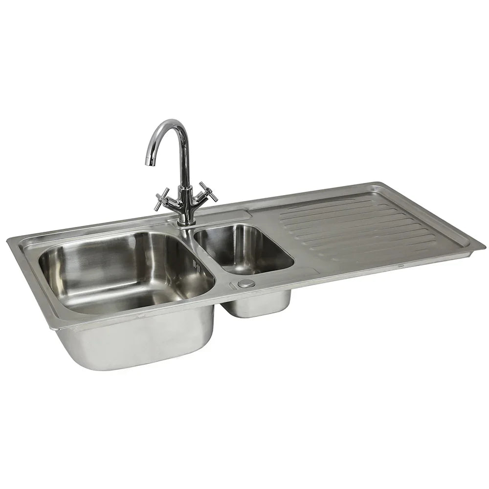 Premium stainless steel kitchen sink with dual basins, sleek Victoria tap, and a polished finish for modern kitchens