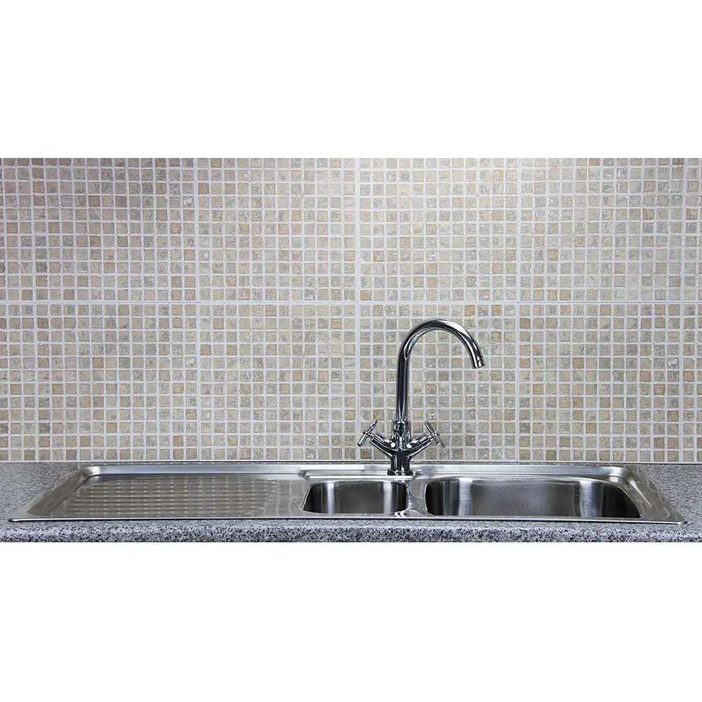 Premium stainless steel kitchen sink with dual basins, sleek Victoria tap, and textured mosaic tile backsplash in neutral tones