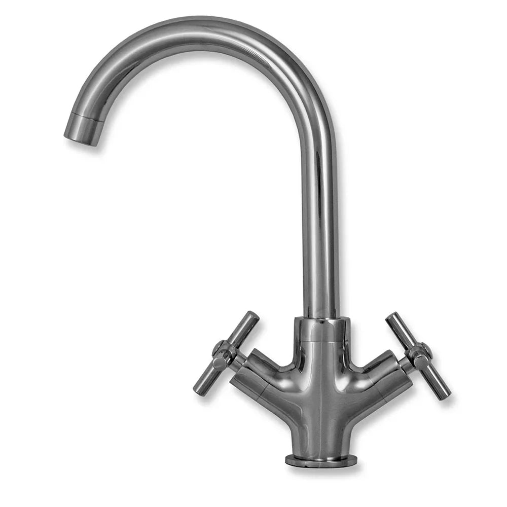 Premium stainless steel kitchen sink with a sleek, curved Victoria tap featuring dual handles for precise temperature control
