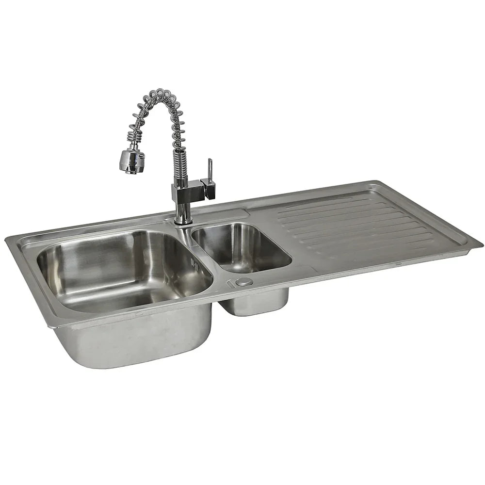 Premium stainless steel kitchen sink with dual basins, sleek design, and a modern Padstow tap featuring a flexible spout