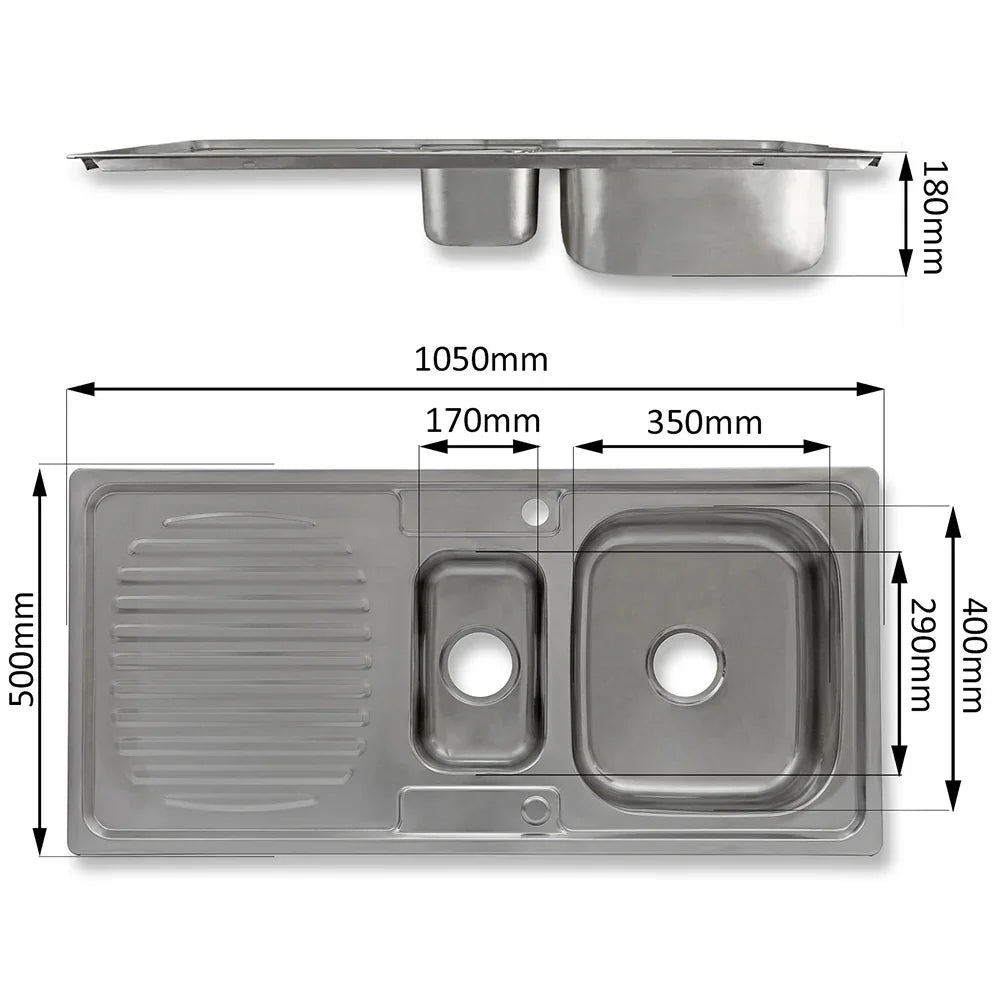 Premium stainless steel kitchen sink with dual basins, sleek design, and dimensions marked for easy installation and use