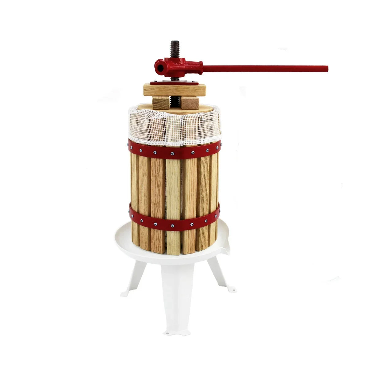 KuKoo 6 Litre Fruit Press with wooden slats, red metal handle, and white base, designed for efficient fruit juicing and pressing