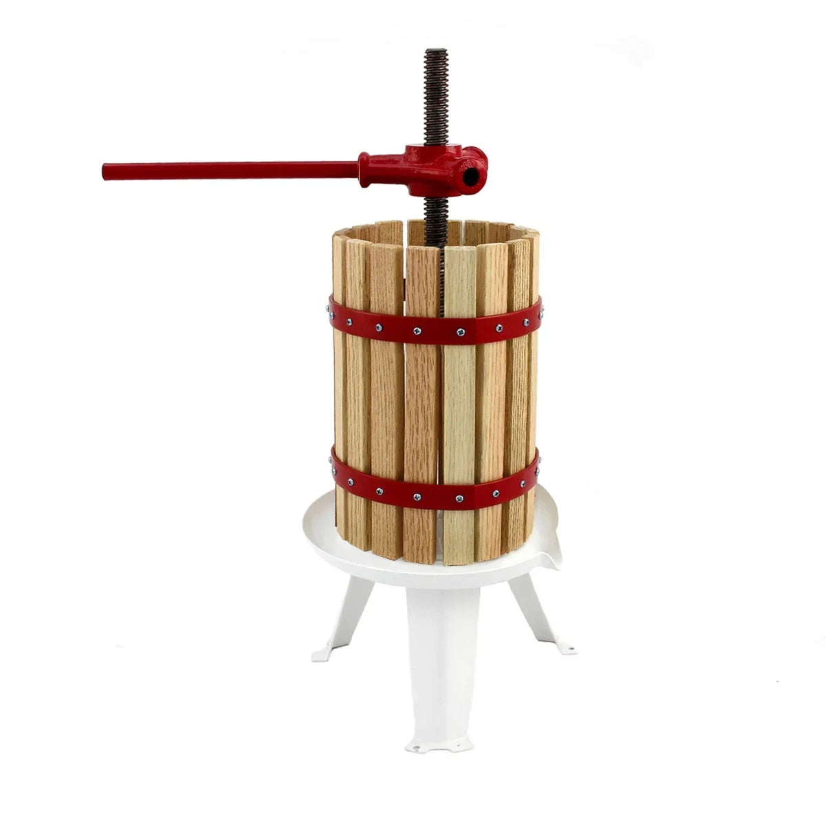 KuKoo 6 Litre Fruit Press features a wooden barrel with red metal bands, a sturdy handle, and a white base for easy fruit pressing