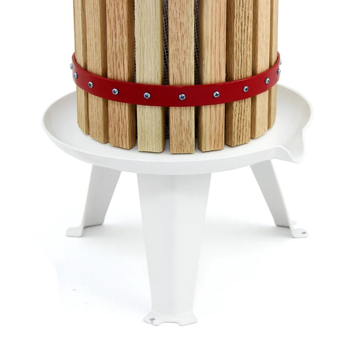 KuKoo 6 Litre Fruit Press with wooden slats, red metal band, and white plastic base, designed for efficient fruit extraction