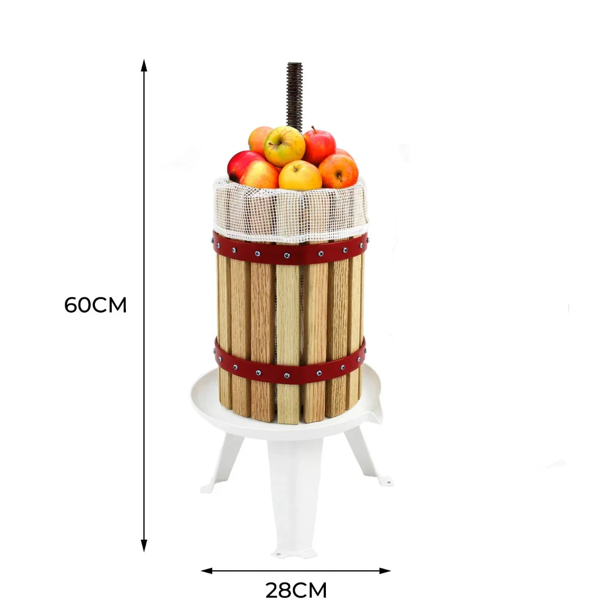 KuKoo 6 Litre Fruit Press with wooden barrel, red accents, and mesh top, filled with fresh apples, standing on a white base