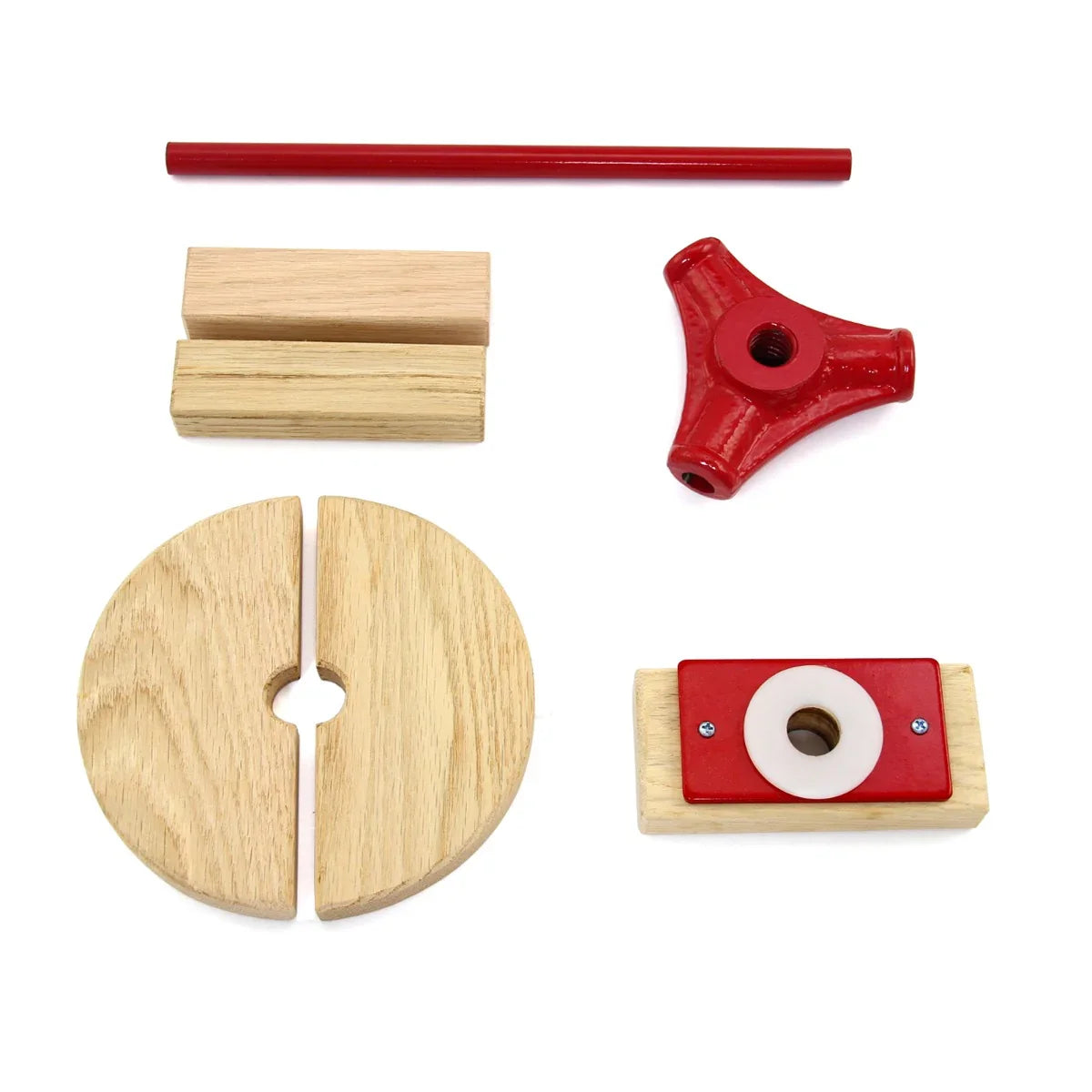 KuKoo 6 Litre Fruit Press parts including wooden blocks, red handle, and circular base, designed for easy fruit pressing and juice extraction