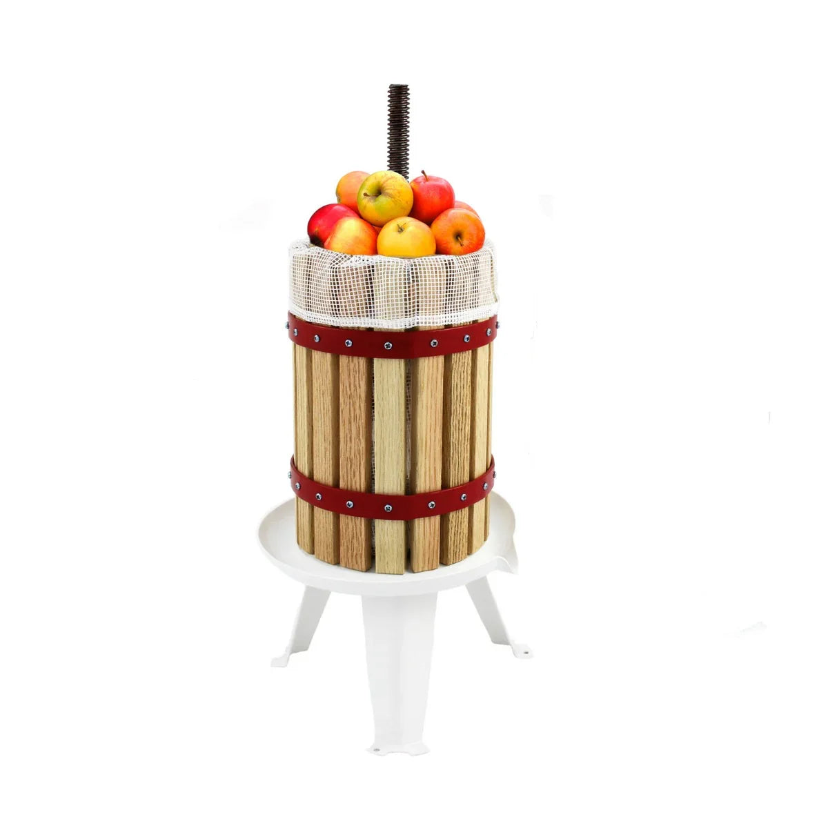 KuKoo 6 Litre Fruit Press with wooden slats, red metal bands, and a mesh top filled with fresh apples, ideal for juicing