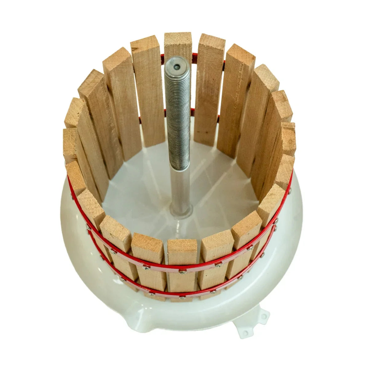 KuKoo 18 Litre Fruit Press featuring a wooden slatted basket, metal pressing rod, and sturdy white base for efficient juice extraction